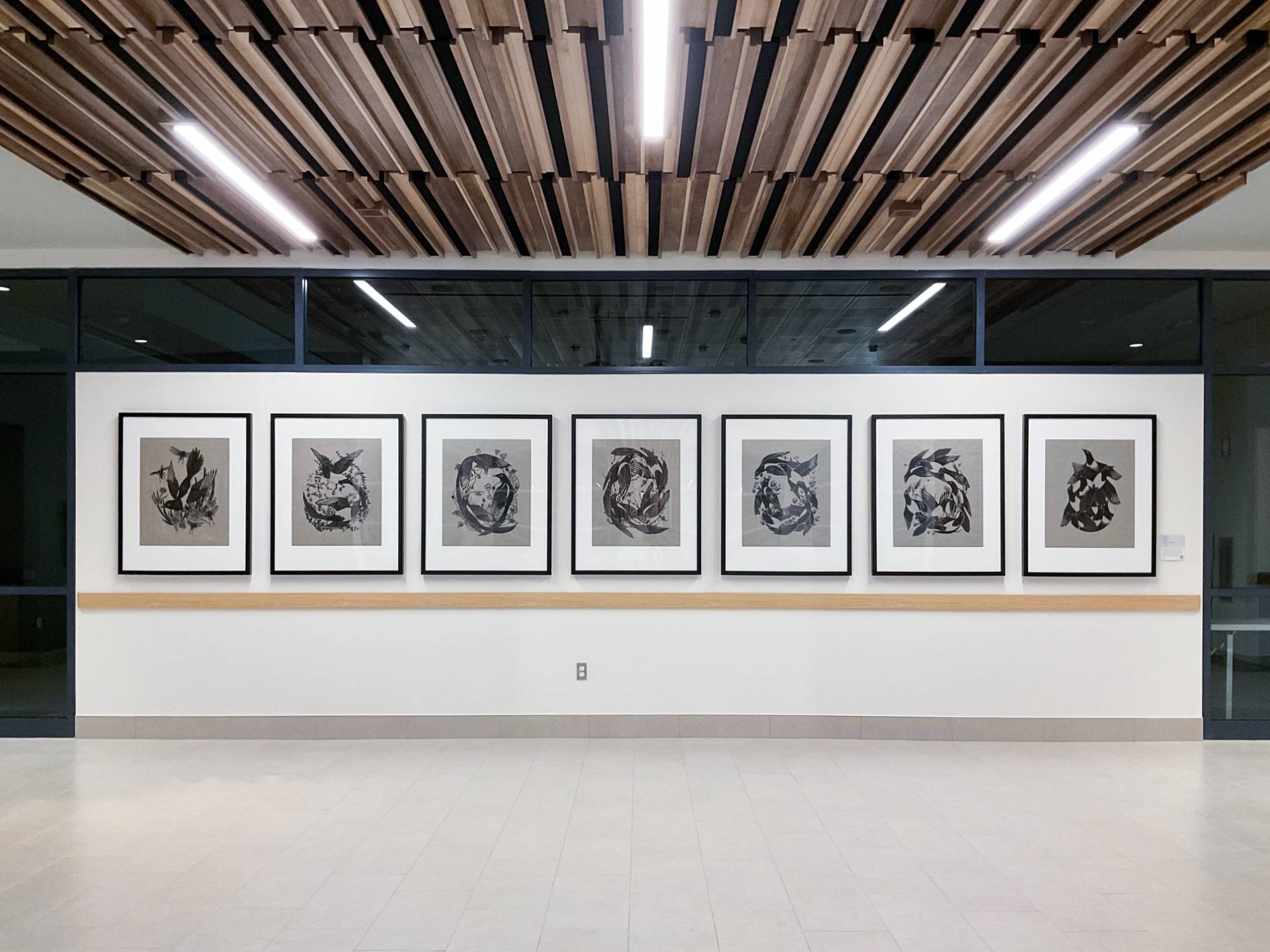 Hallways in DCIH featuring a series of prints by El Ronan.